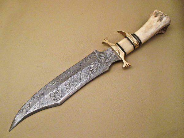 Amazing Damascus Bowie Knife Custom Handmade Damascus Steel Hunting Knife Beautiful Damascus Bowie Knife With Camel Bone Great Handle Leather Sheaths 1542