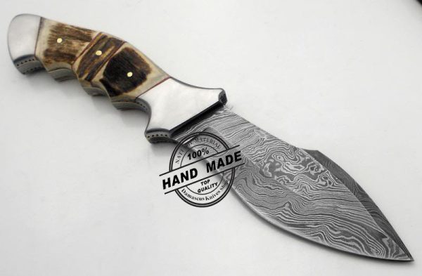 Damascus Skinner Knife Custom Handmade Damascus Steel Professional Hunting Knife Best Damascus Skinner Knife With Stag Handle Leather Sheaths 1174