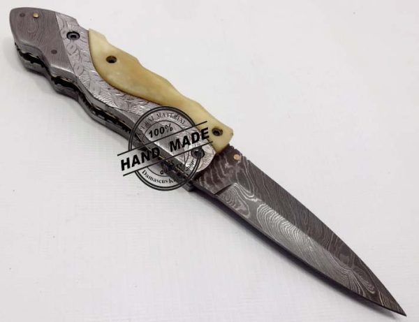 Hand Engraved Damascus Liner Lock Folding Knife